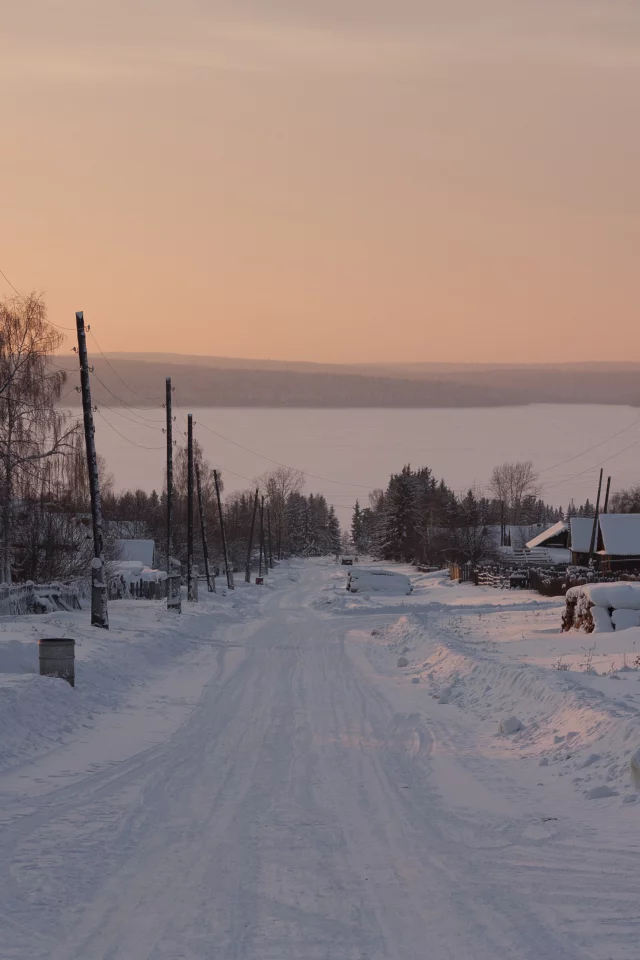 поселок, закат, зима, сибирь