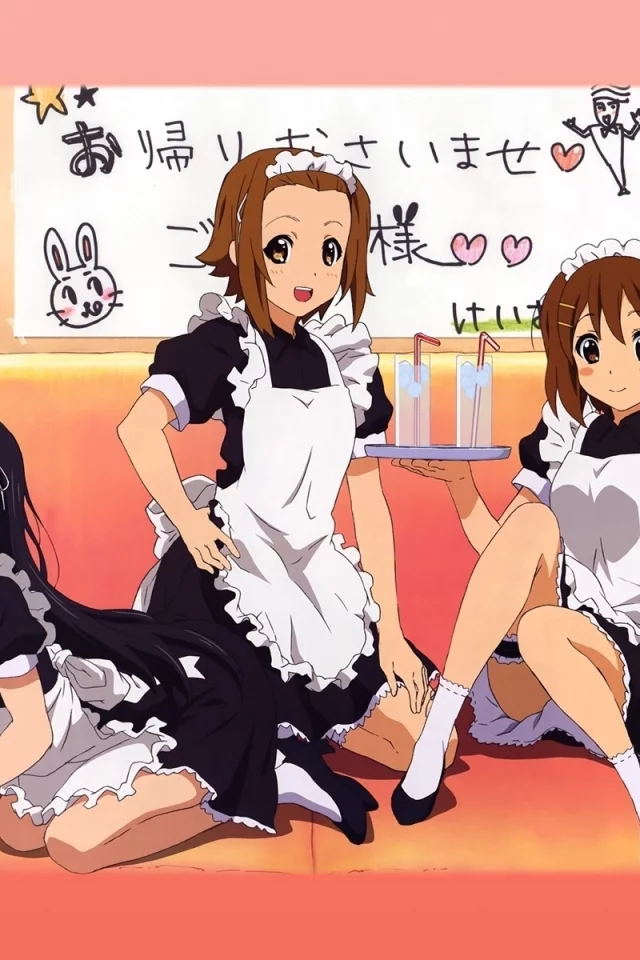 девушки, диван, k-on, горничные, напиток