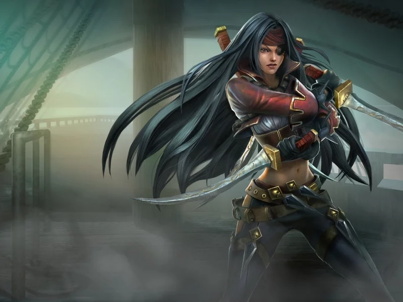 туман, кинжалы, пиратка, корабль, ножи, повязка, league of legends, девушка
