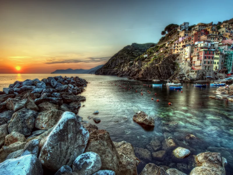 riomaggiore, побережье, море, здания, закат, лодки, пейзаж, italy