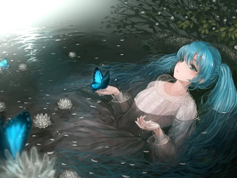 цветы, vocaloid, вода, hatsune miku, девушка, бабочки, платье, озеро