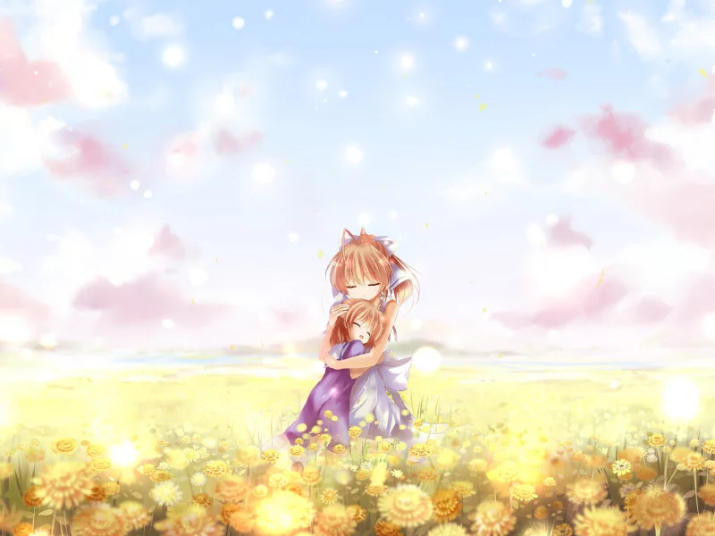 ushio okazaki, цветы, двое, поле, clannad, nagisa furukawa