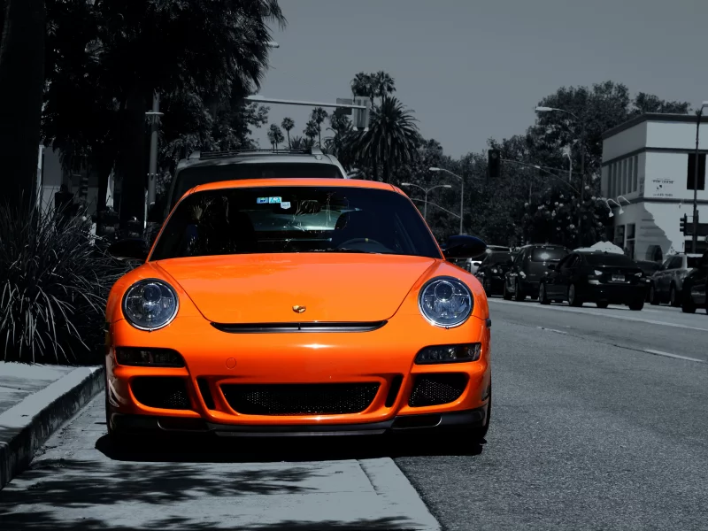 911, porsche, car, дорога, порше, стоянка, оранжевый, улица, авто