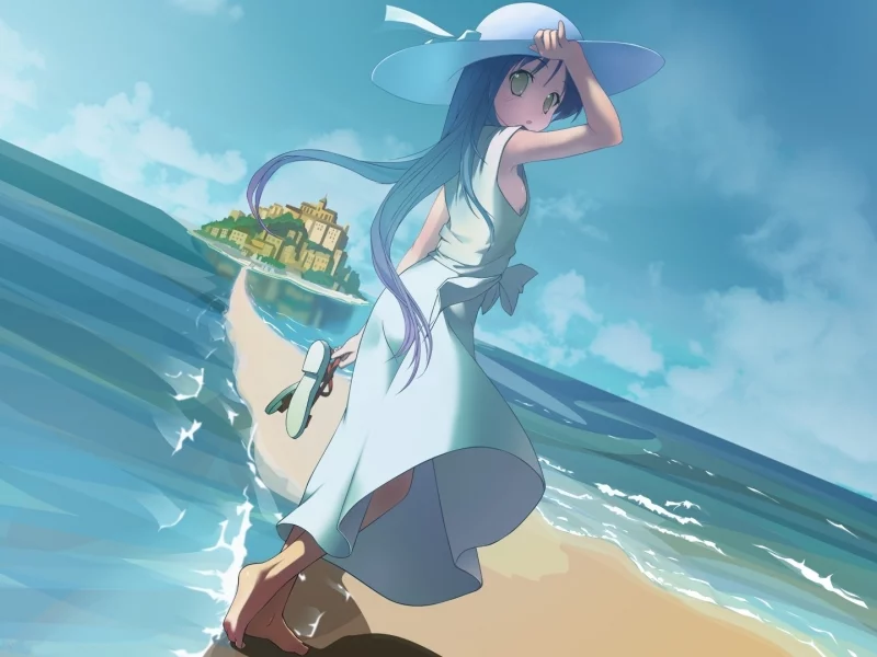 anime, пляж, город, шляпа, рисунок, горизонт, art, девочка, море, сандали, аниме