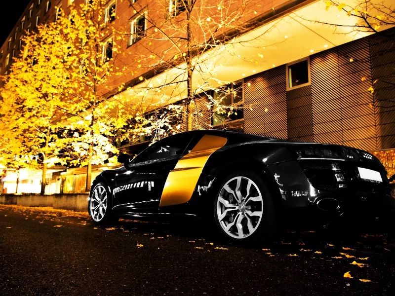 wallpapers, auto, огни, cars, audi r8, ночь, деревья, city, город, обои авто