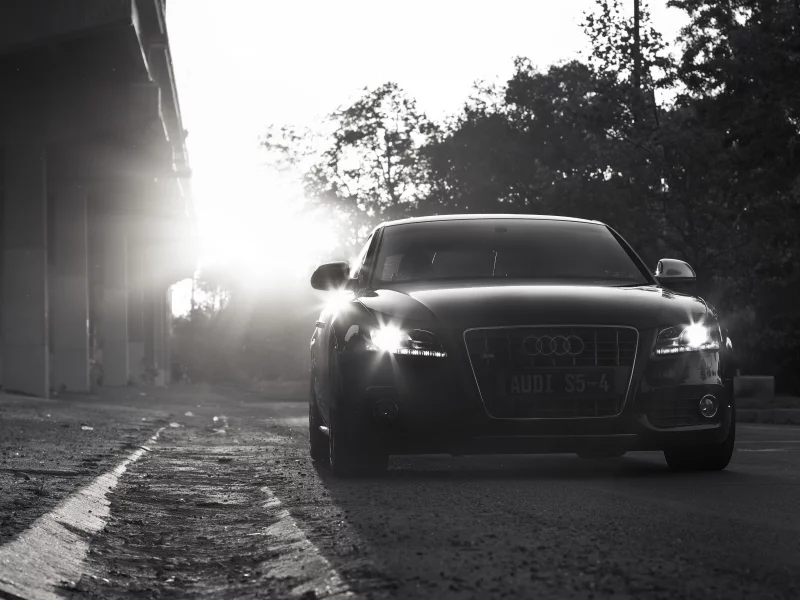 солнце, чб, блик, ауди, дорога, s5, audi