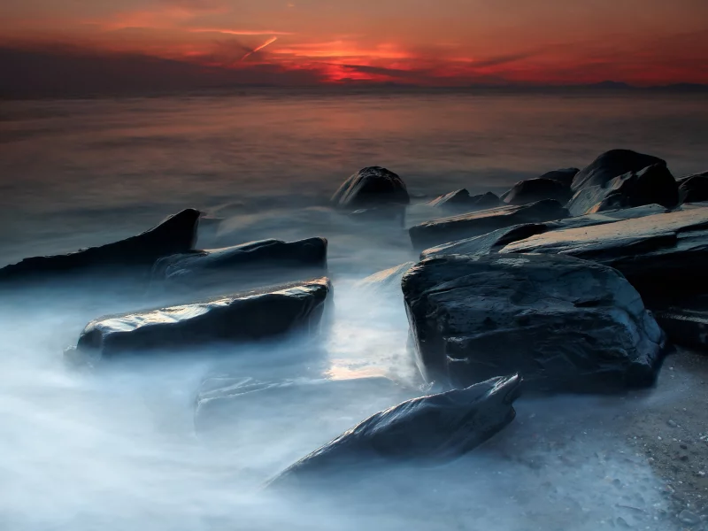 камни, море, берег, закат, небо