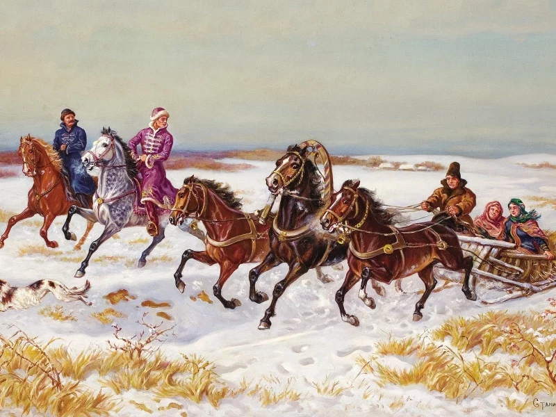 гончая, станислав потеха, stanislov potekha, russian, живопись, охотники, картина, кони, пейзаж, зимний, a troika and hunters in winter, собака, 20th century