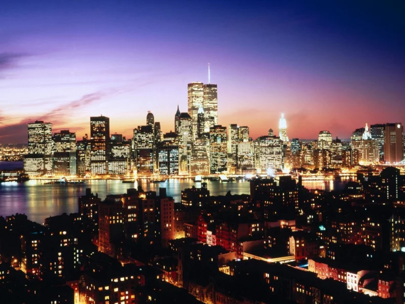 manhattan, twin towers, wallpapers, ночь, небоскребы, город, река, втц, огни, нью-йорк, башни-близнецы, new york, world trade center, обои, манхэттен, wtc