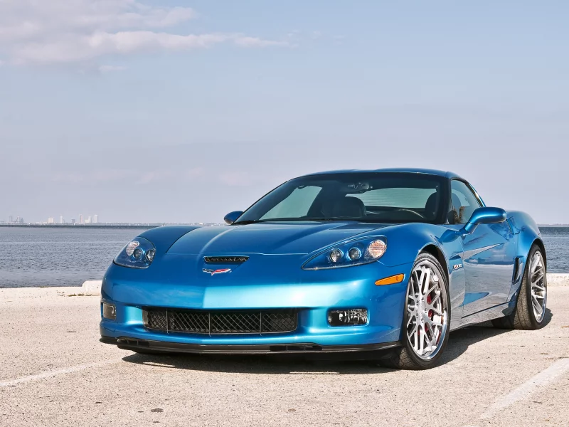 360 three sixty forged, chevrolet, корвет, передняя часть, z06, голубой, blue, corvette, море, небо, шевроле
