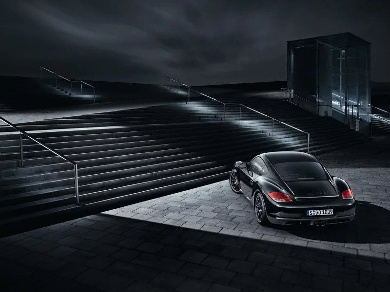 порш, ступеньки, ночь, огни, машины, чёрный, будка, будки, porsche, тачки свет, тачка, чёрные, cayman s