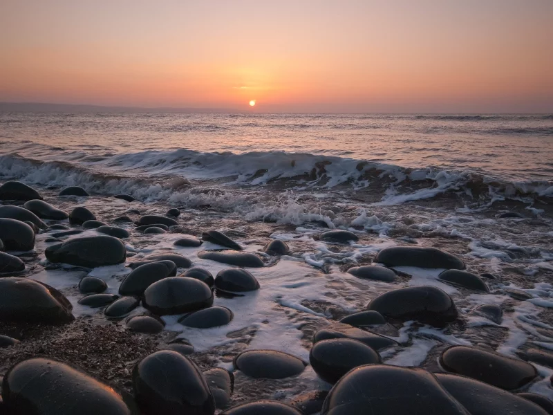 волны, камни, берег, пейзаж, закат, море, горизонт, небо
