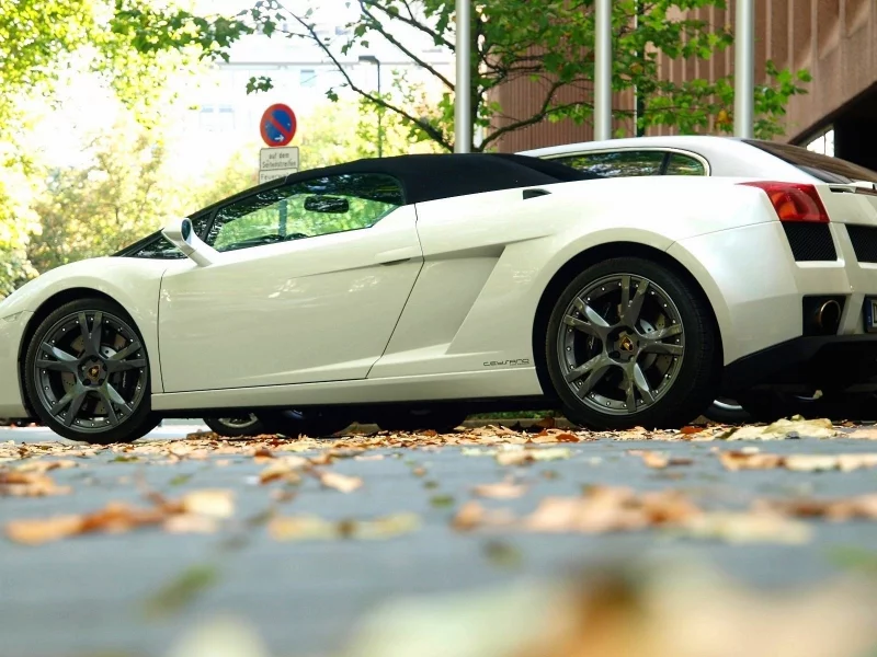 улица, листья, lamborghini gallardo