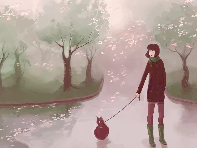 кошки, осень, рисунок, девушки