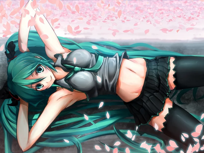 hatsune miku, лежит, девушка, вокалоид, зеленые волосы, юбка, чулки