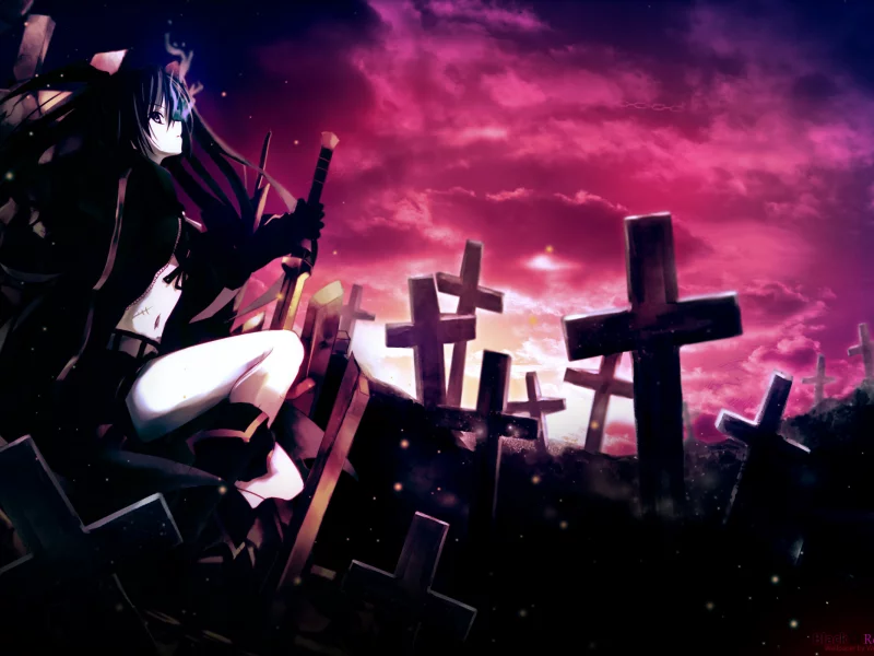 закат, black rock shooter, кладбище, кресты