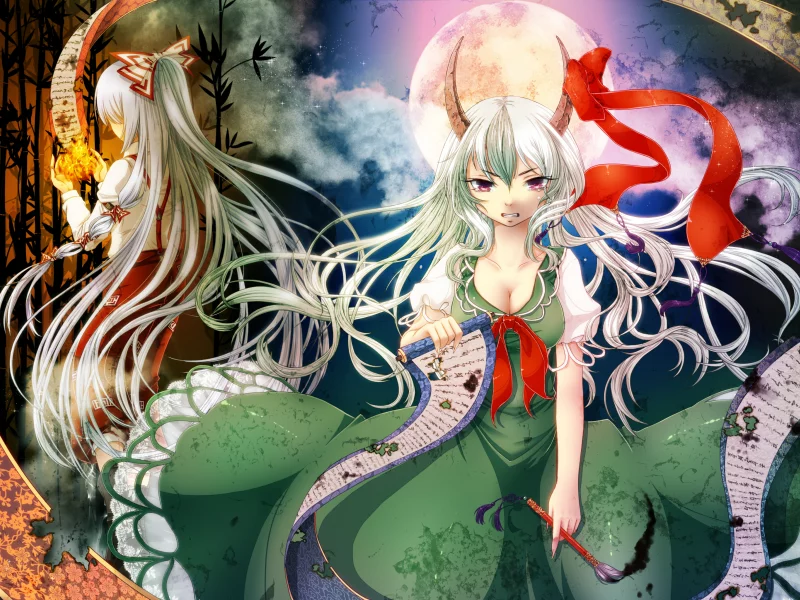 дыры, бамбук, арт, луна, огонь, touhou, geike, бант, kamishirasawa keine, кисть, свиток, девушки, слезы, рога, fujiwara no mokou