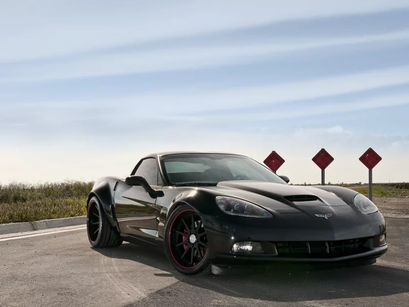 chevrolet, z06, black, дорожный знак, 360 three sixty forged, corvette, шевроле, корвет, передняя часть, чёрный