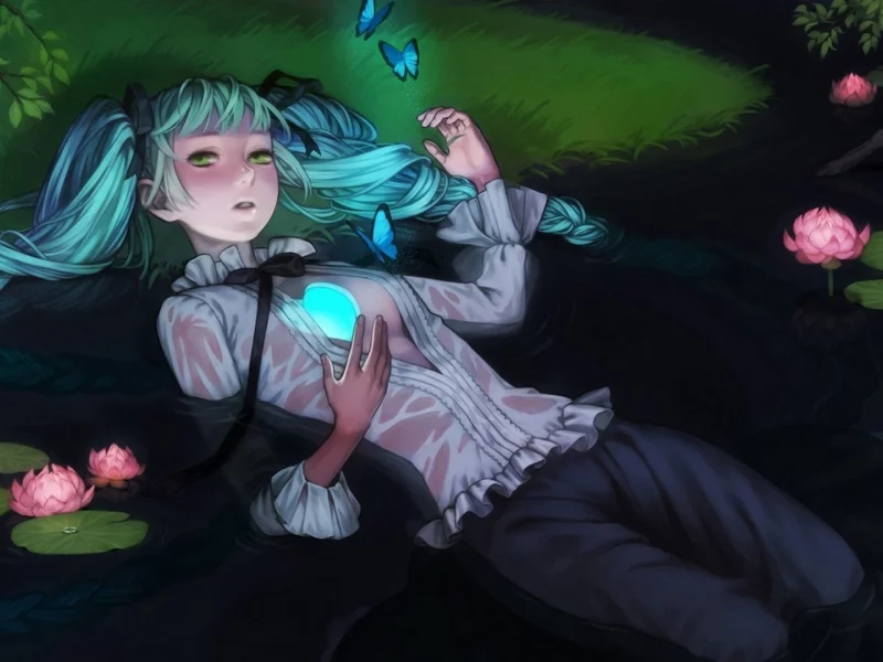 хатсуне мику, вода, кувшинки, аниме, hatsune miku, vocaloid, сердце, бабочки, вокалоид