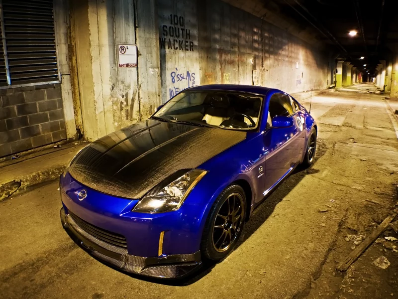 карбон, 350z, ночь, тунель, синий, nissan