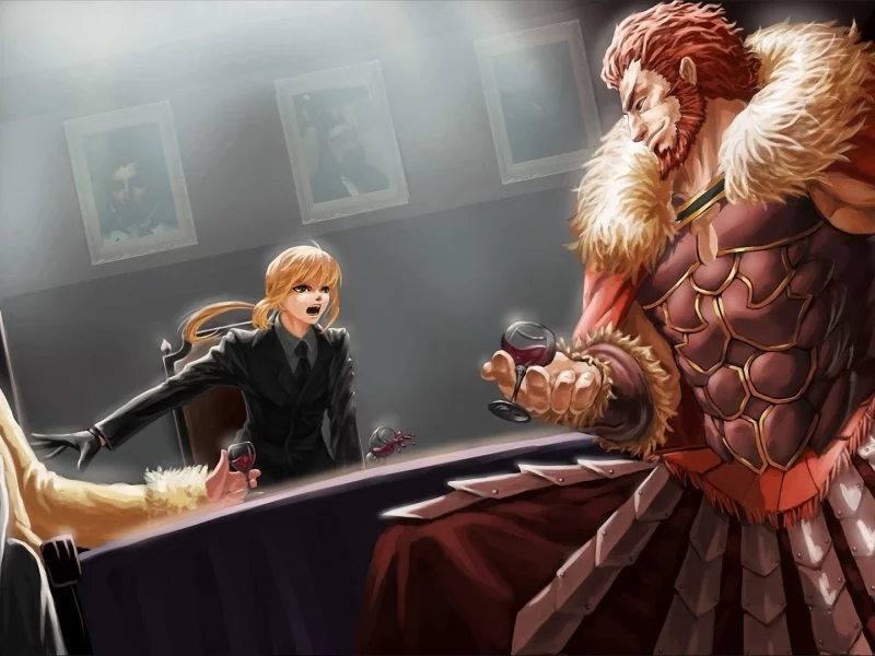 парни, fatezero, комната, saber, бокал, эмоции, стол, вино, девушка