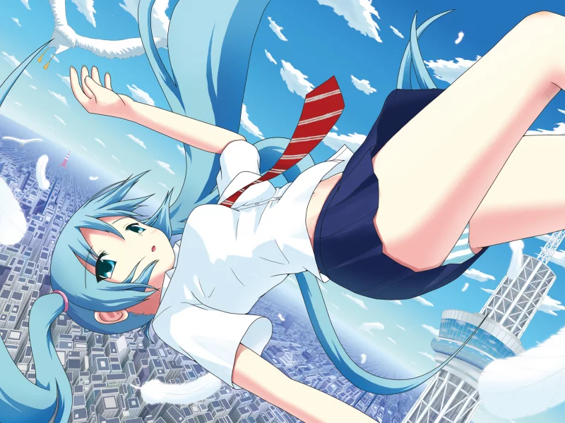 башня, город, полёт, vocaloid, вокалоид, hatsune miku, перья