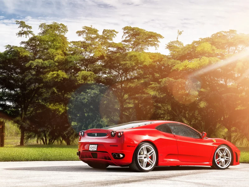 красная, деревья, свет, блик, supercar, феррари, ferrari f430