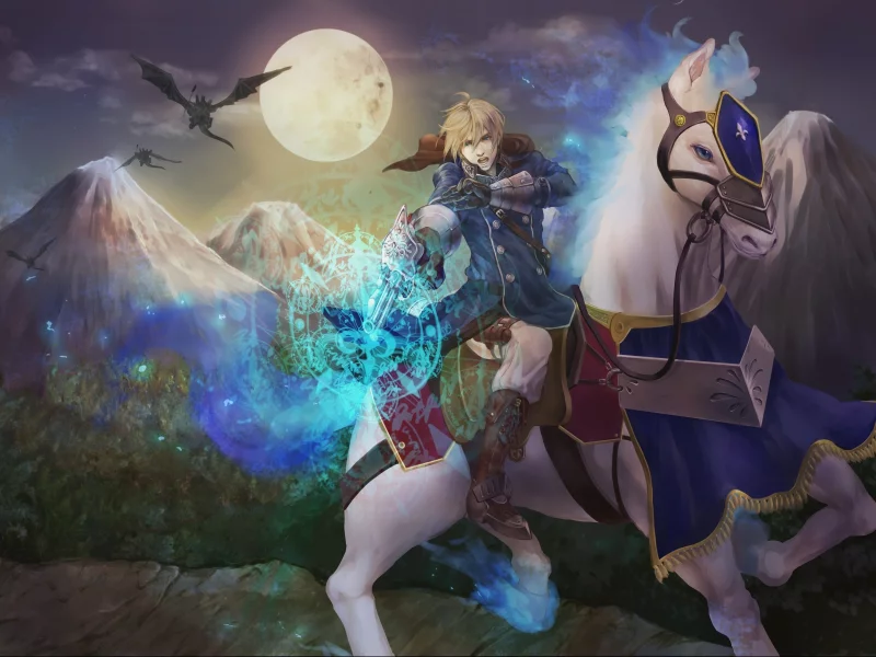 парень, магия, конь, луна, всадники, pixiv fantasia, горы, драконы