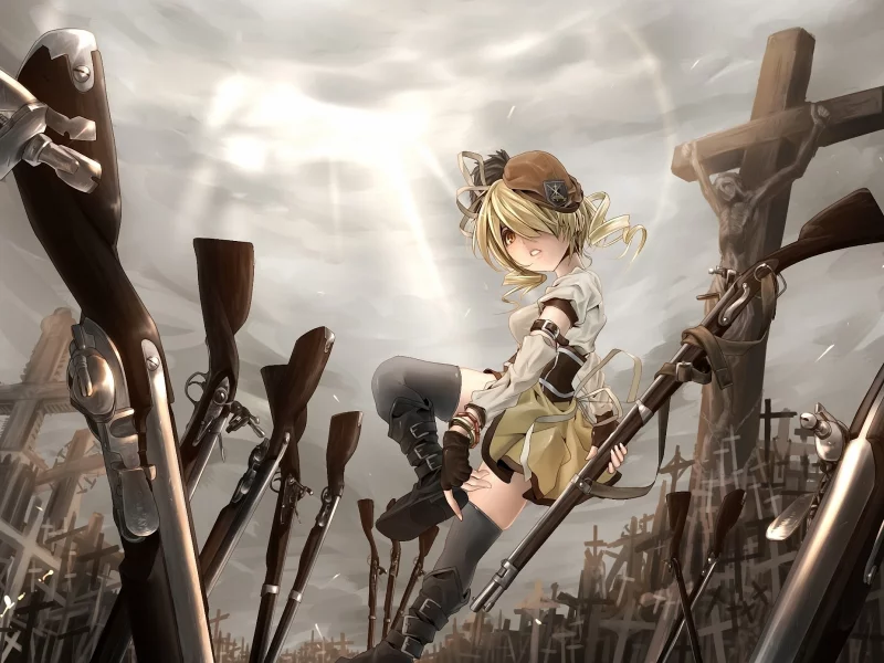 девушка, mahou shoujo madoka magica, ружье, оружие, крест