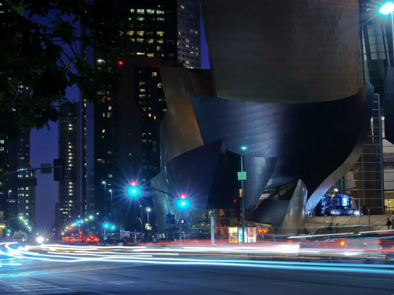 los angeles, usa, walt disney concert hall, калифорния, night, ночь, california, traffic, огни