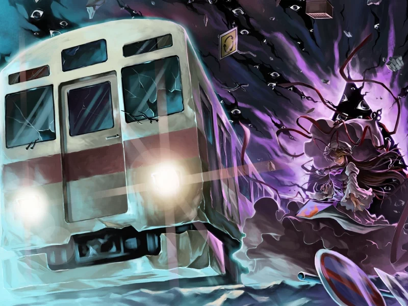 зонт, luko, разбитое стекло, арт, глаза, дорожный знак, yakumo yukari, поезд, touhou, девушка, портал
