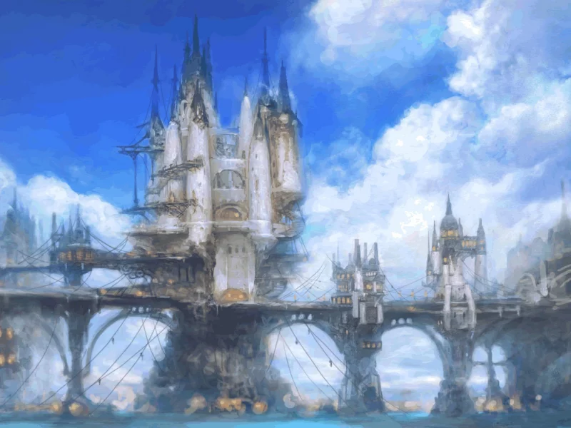 океан, облака, мосты, арт, limsa lominsa, замки, небо