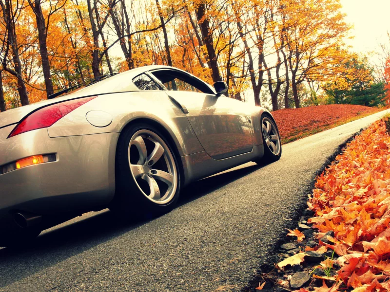 листва, nissan, дорога, осень, 350z