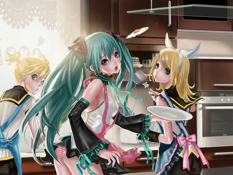 kagamine len, кухня, фартук, hatsune miku, vocaloid, готовка, kagamine rin, яичница