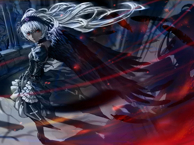 rozen maiden, перья, девушка, крылья, suigintou, ночь, красные глаза