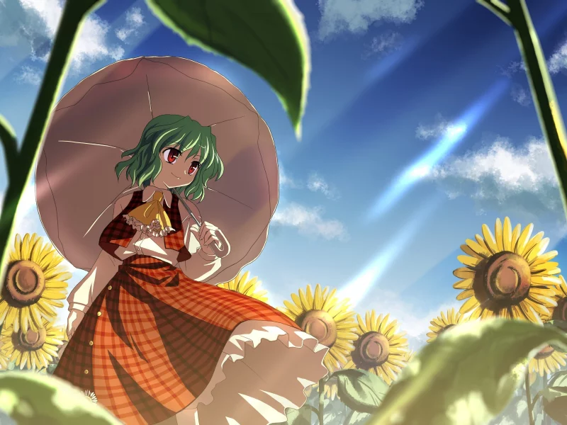 touhou, подсолнухи, девушка, небо, зонтик