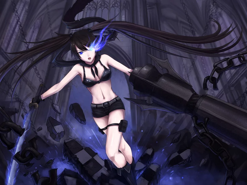 black rock shooter, камни, цепи, mato kuroi, оружие, катана