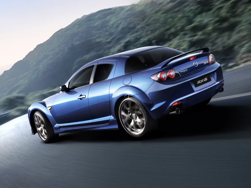 вираж, дорога, вид сзади, рс, горы, спорткар, rx-8, mazda, поворот, мазда, синий, rs