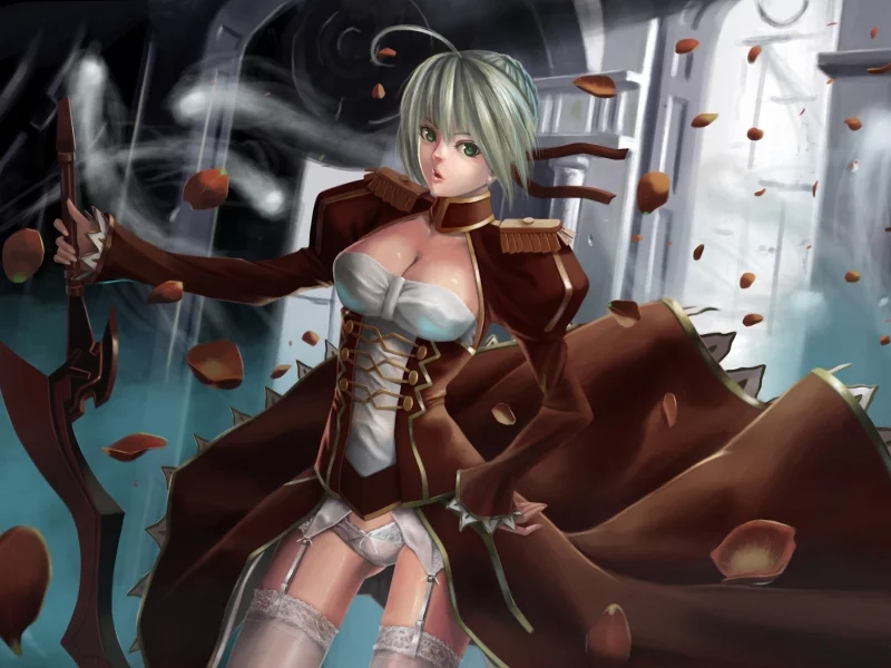 девушка, платье, оружие, меч, saber, чулки, fate stay night, лепестки, арт