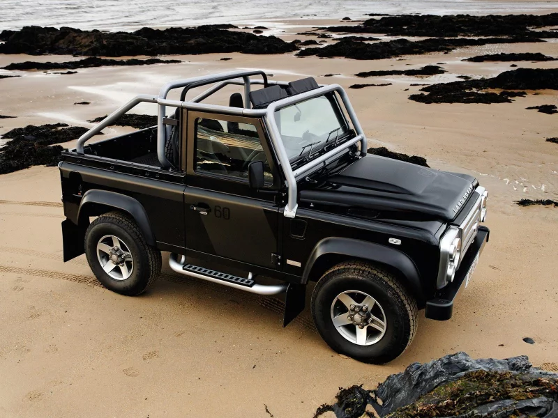 land rover, defender, 90, внедорожник, волны, море, автомобиль, великобритания, камни, пляж, песок