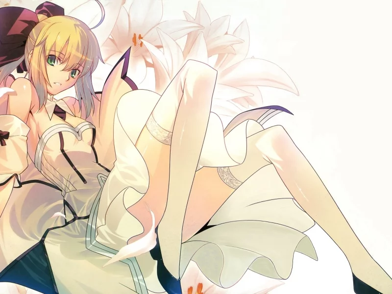платье, лилии, fatestay night, девушка, saber, взгляд
