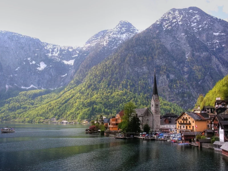 дома, австрия, побережье, горы, austria, озеро, церковь