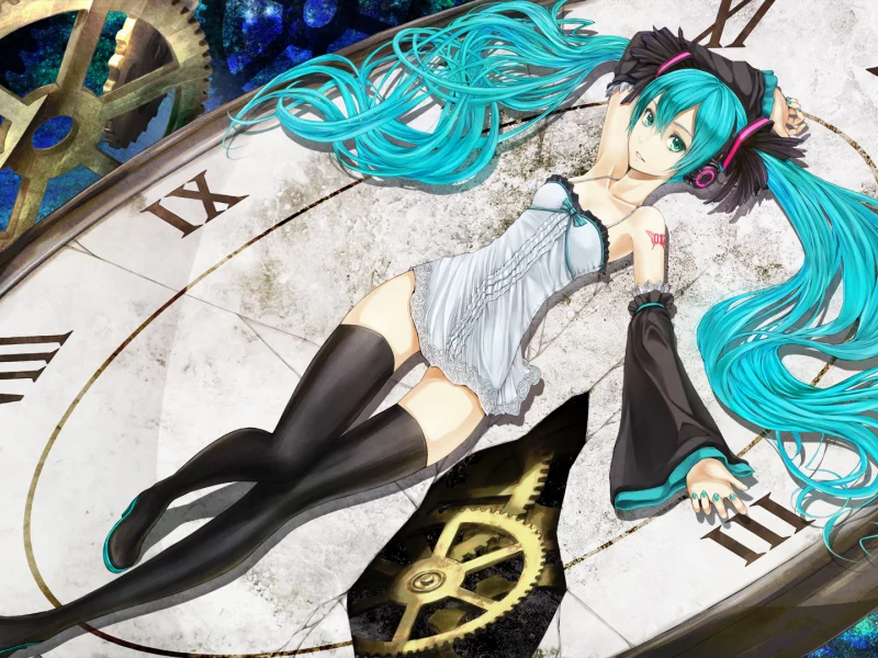 циферблат, механизм, чулки, наушники, хвостики, hatsune miku, девушка, vocaloid, часы