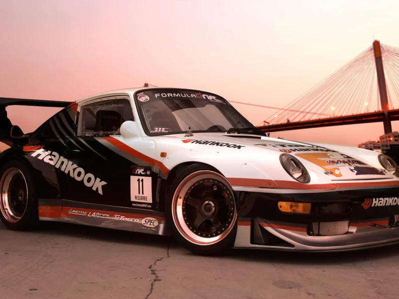 закат, вечер, машина, авто, боллид, time attack drift porsche 911 jic magic, мост, автоспорт