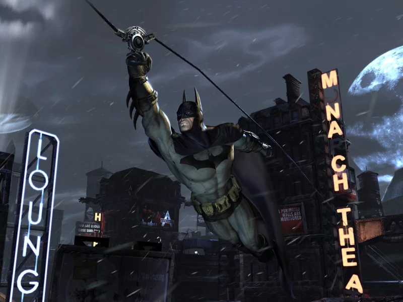 спешит, высота, трос, batman, ночь, город, archam, city