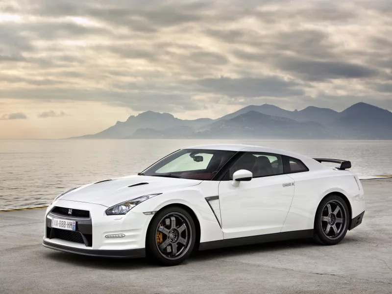 белый, море, горы, gt-r, nissan