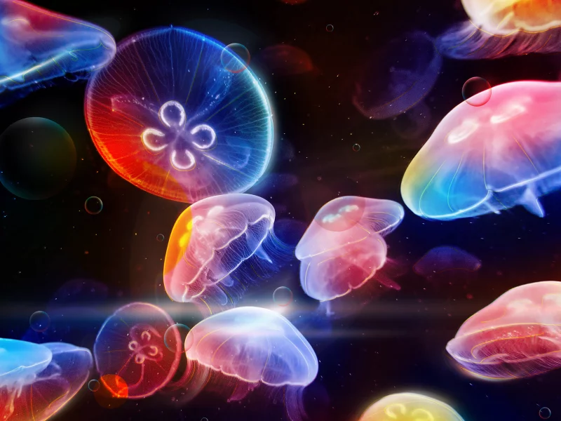 медузы, dancing underwater, разноцветные