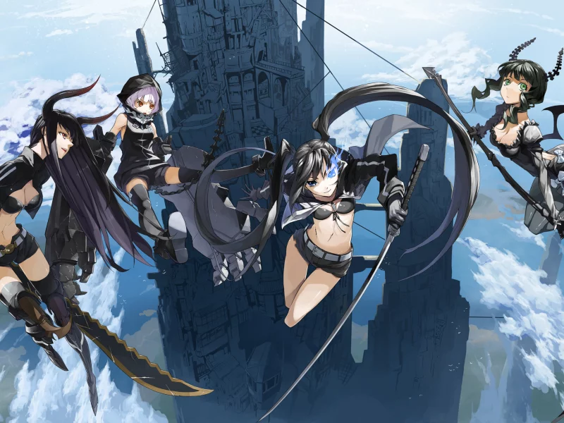 высота, девушки, меч, башня оружие, black rock shooter, kuroi mato, коса, takanashi yomi, в небе