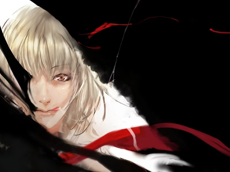 touhou, девушка, лента, rumia, рисунок, черное, язык