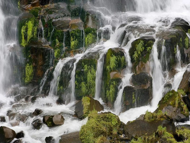 зелень, трава, пейзажи, вода, водопад